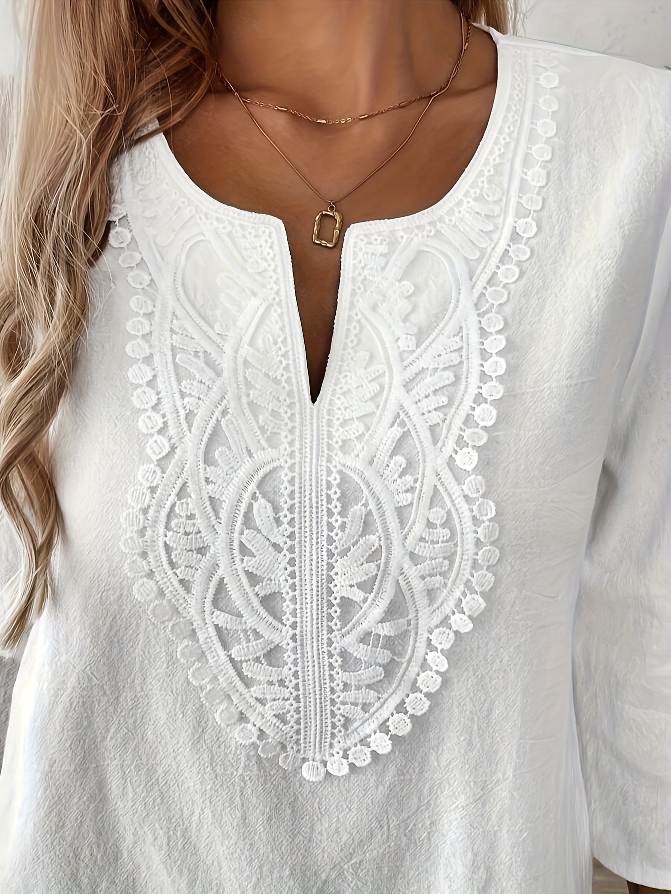 Damen Boho-Bluse mit Stickerei und 3/4-Ärmeln – Lässige Tunika für Alltag und Freizeit