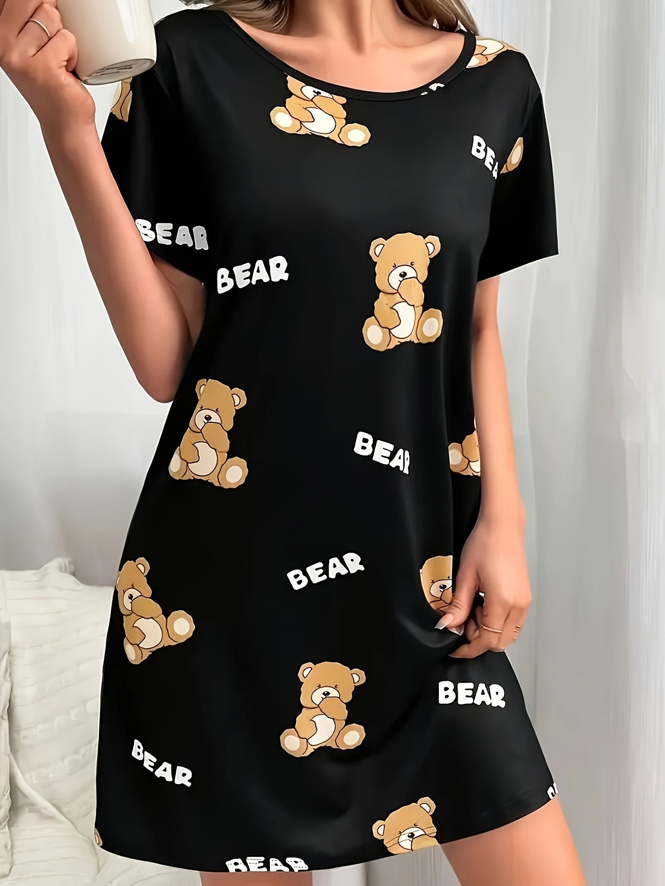Damen Nachthemd mit Teddybär-Print – Bequemes Casual Schlafshirt für Erwachsene