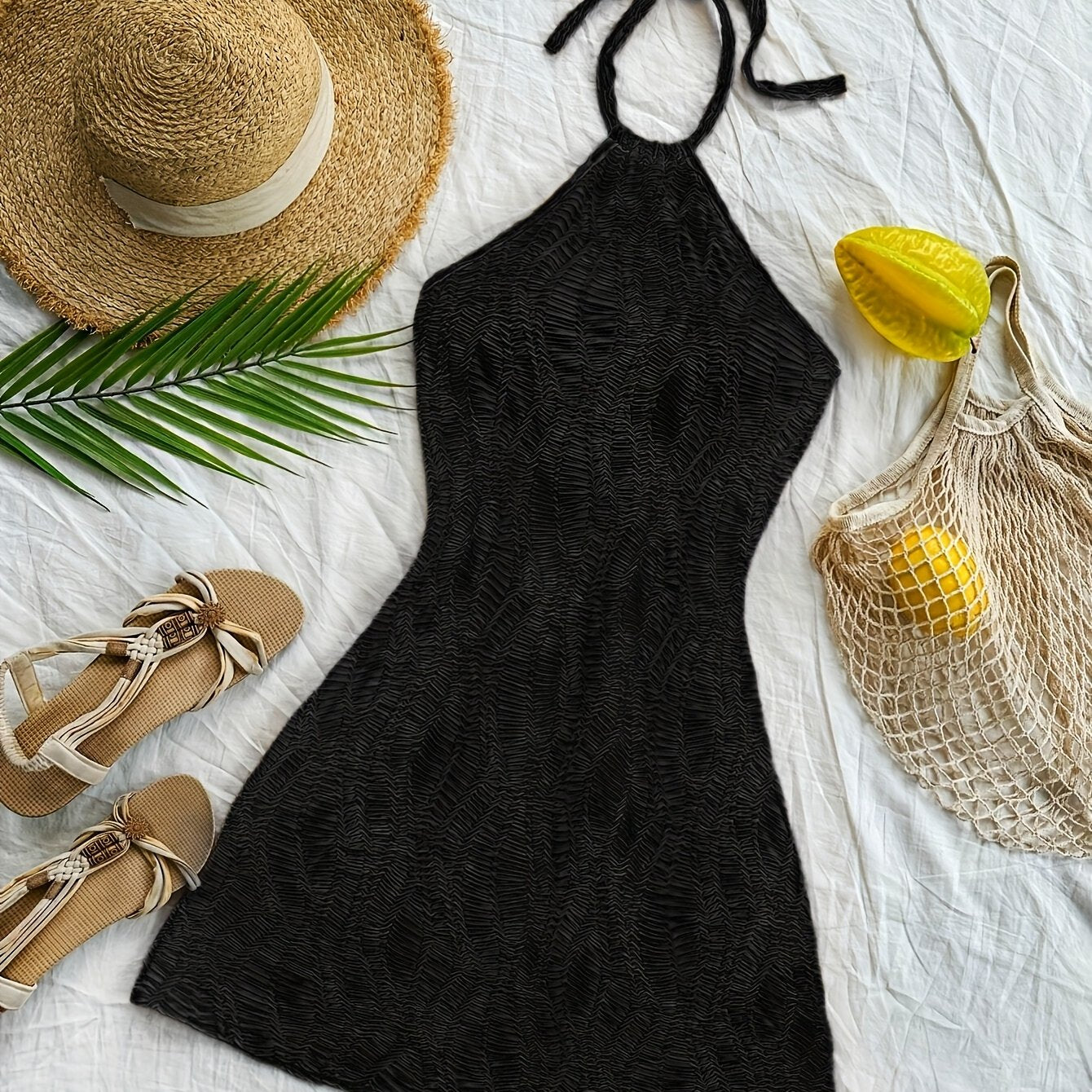 Damen Halterneck Minikleid mit Struktur für Urlaub und Strand