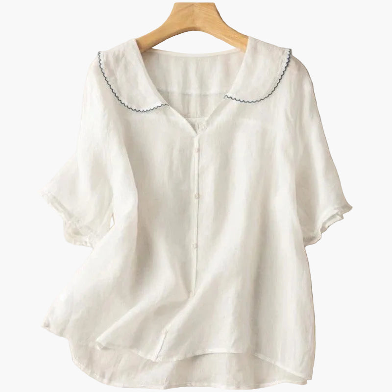 Damen Veganes Leinenbluse im Vintage-Stil mit Bubikragen – Luftige Freizeitbluse für Alltag & Büro