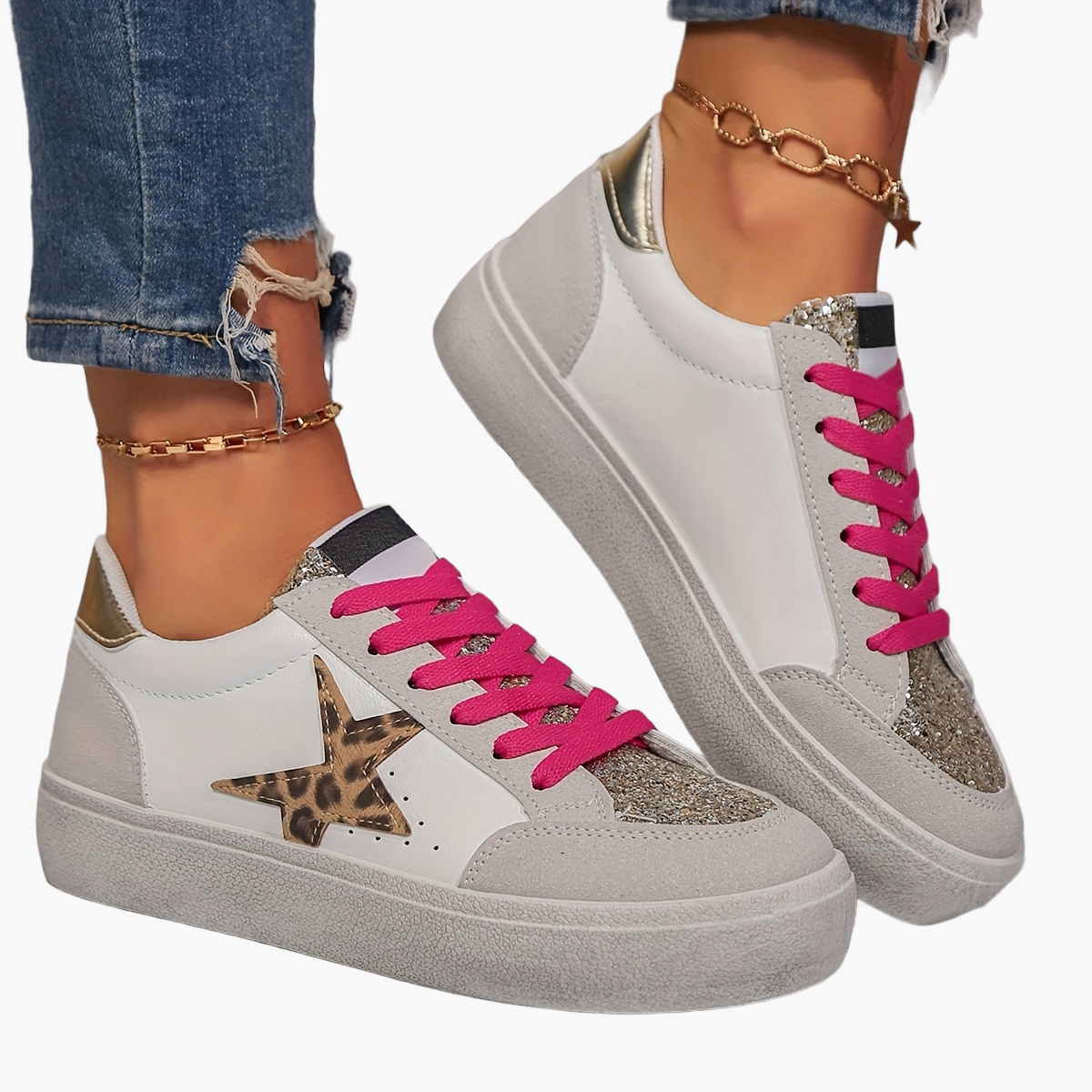 Damen Sneaker mit Glitzerstern und Plateau – Modische Freizeitschuhe für Alltag und Party