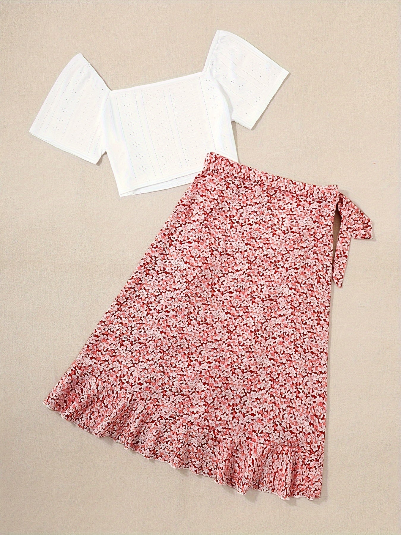 Damen Zweiteiler Set – Romantische Bluse mit Blumen Wickelrock im femininen Stil für Freizeit und Ausflüge