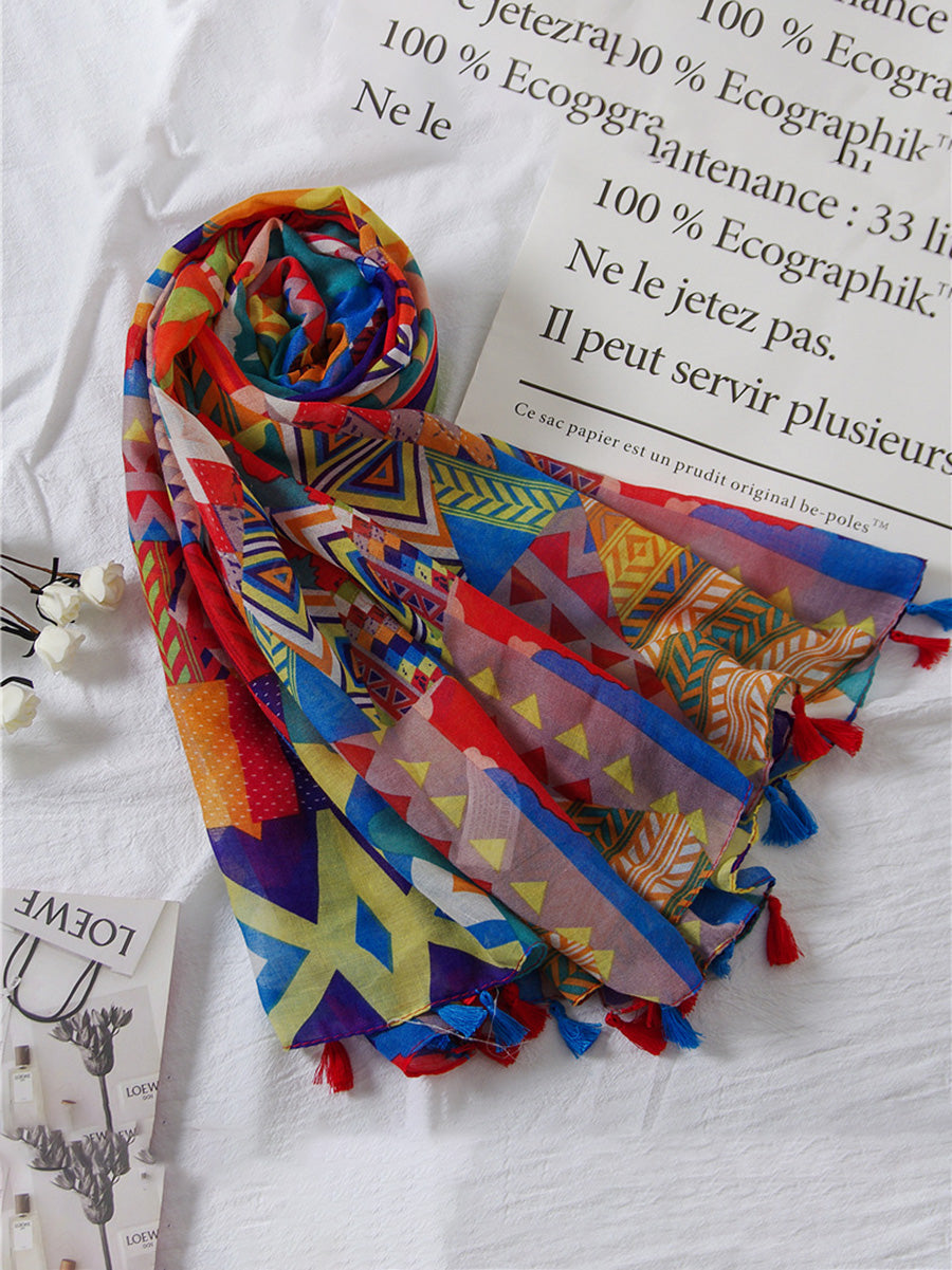 Damen Schal mit geometrischem Blumenmuster und Quasten – Modischer Frühlings- und Sommerschal