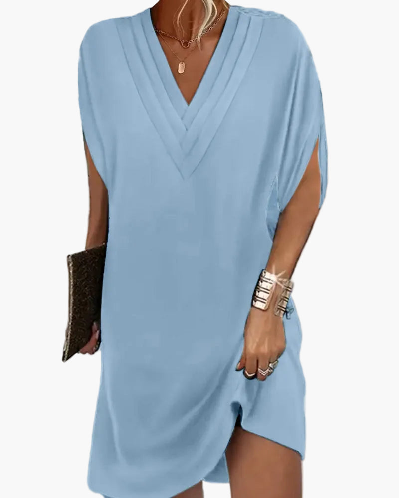 Damen Sommerkleid Elegant V-Ausschnitt Freizeitkleid mit Schlitzärmeln – Perfekt für Alltag & Events