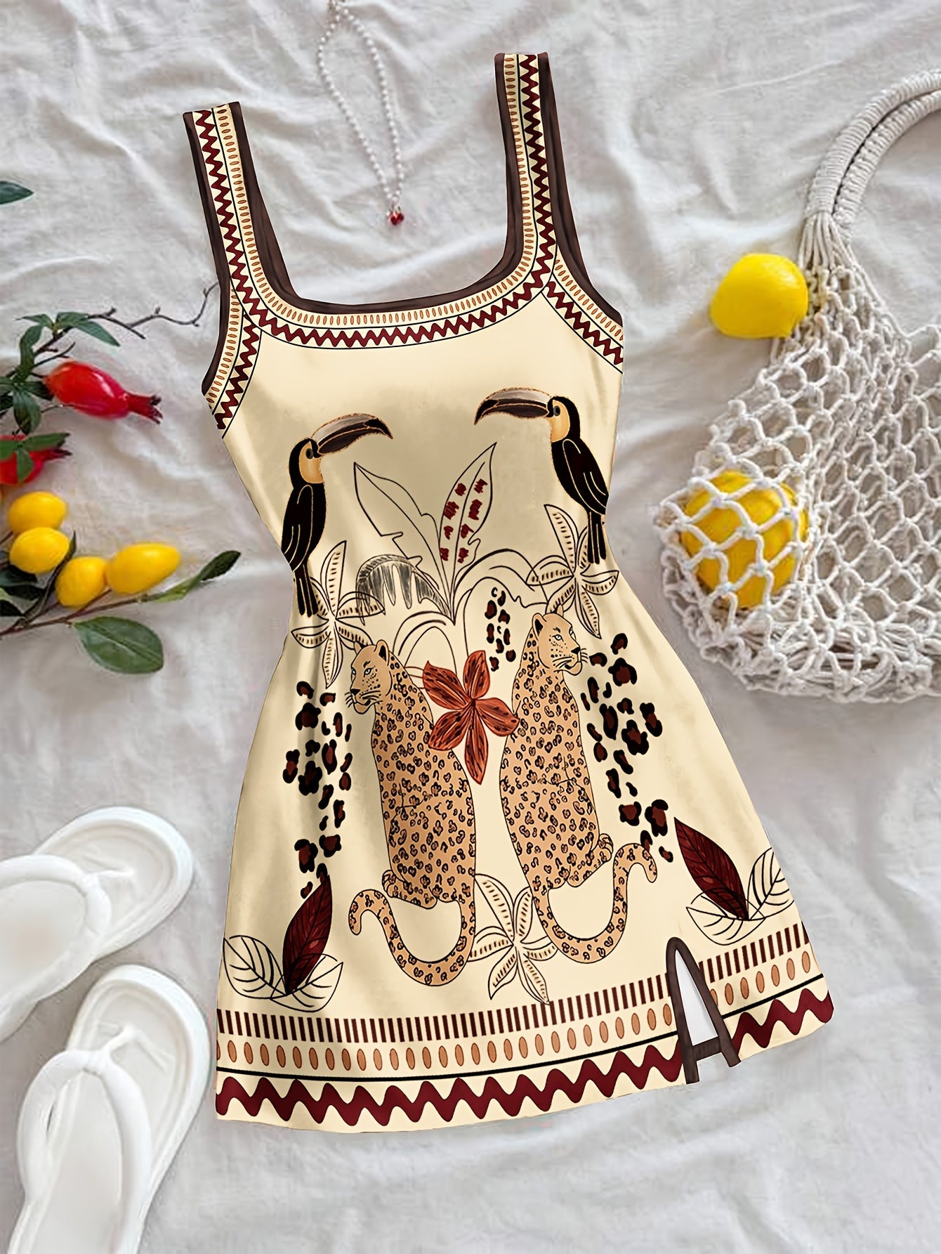 Damen Mini Kleid mit exotischem Tier- und Pflanzenmuster, Boho-Style, Freizeit & Urlaub