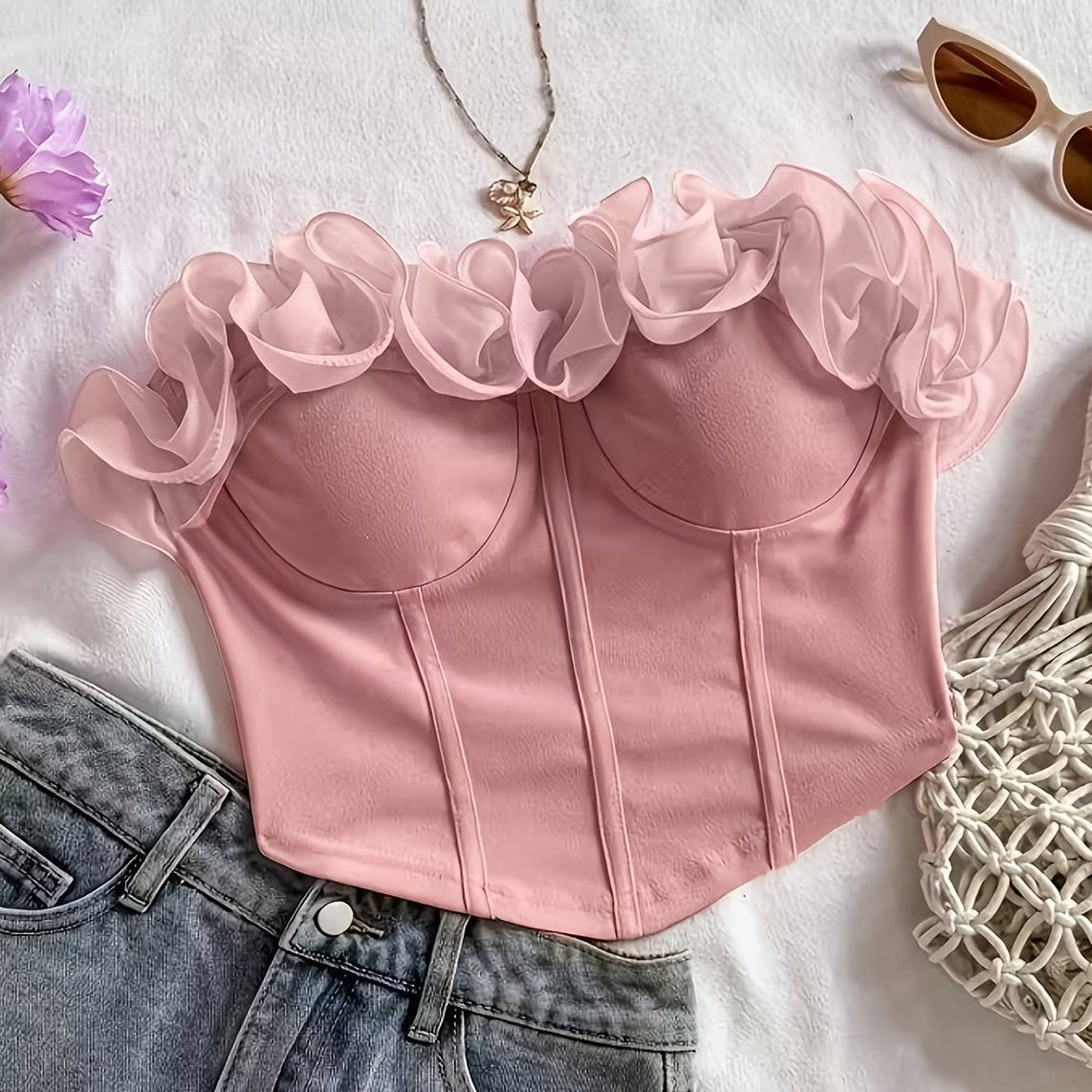 Damen Bustier Top mit Volantkragen – Elegantes, Schulterfreies Corsagen-Oberteil für Party & Ausgehen