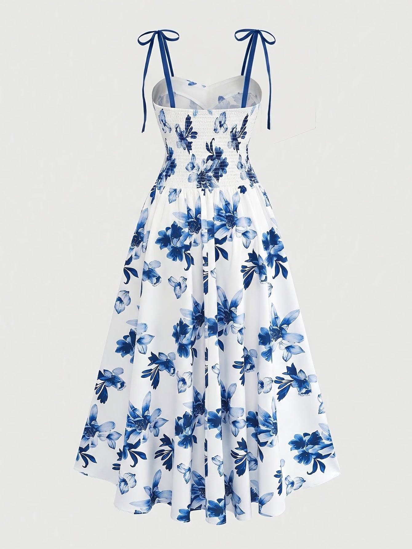 Damen Midikleid mit Blumenmuster und Schleifen-Trägern – Elegantes A-Linienkleid für besondere Anlässe