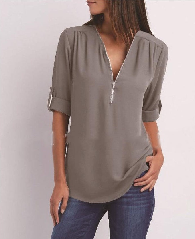 Patricia – Elegantes Damen V-Ausschnitt Shirt mit Reißverschluss