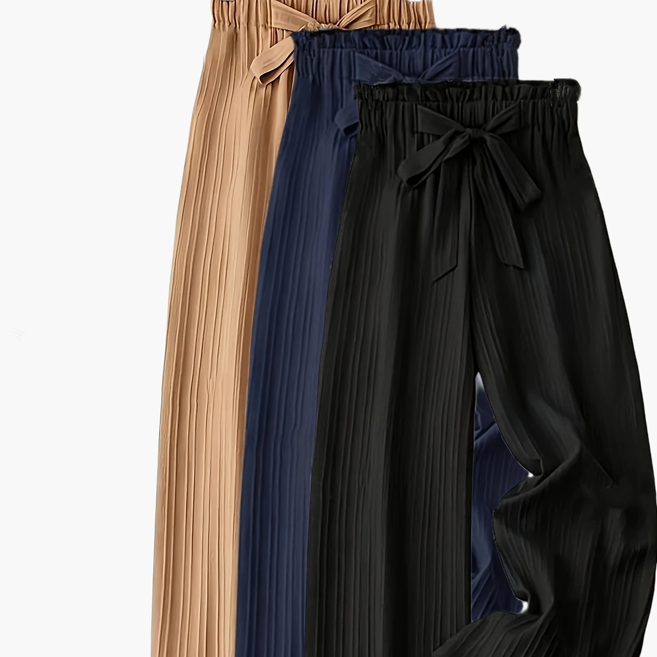 Damen Elegante Plissee-Hose mit Schleife – Weites Bein, Komfortbund, Lässig & Schick für Alltag und Büro