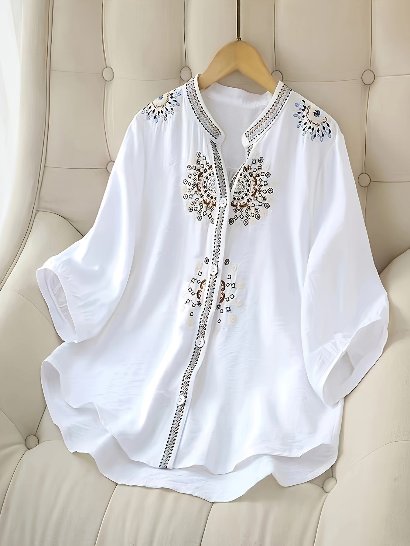 Damen Bluse Elegant Bestickt mit 3/4-Ärmeln für Freizeit und Büro