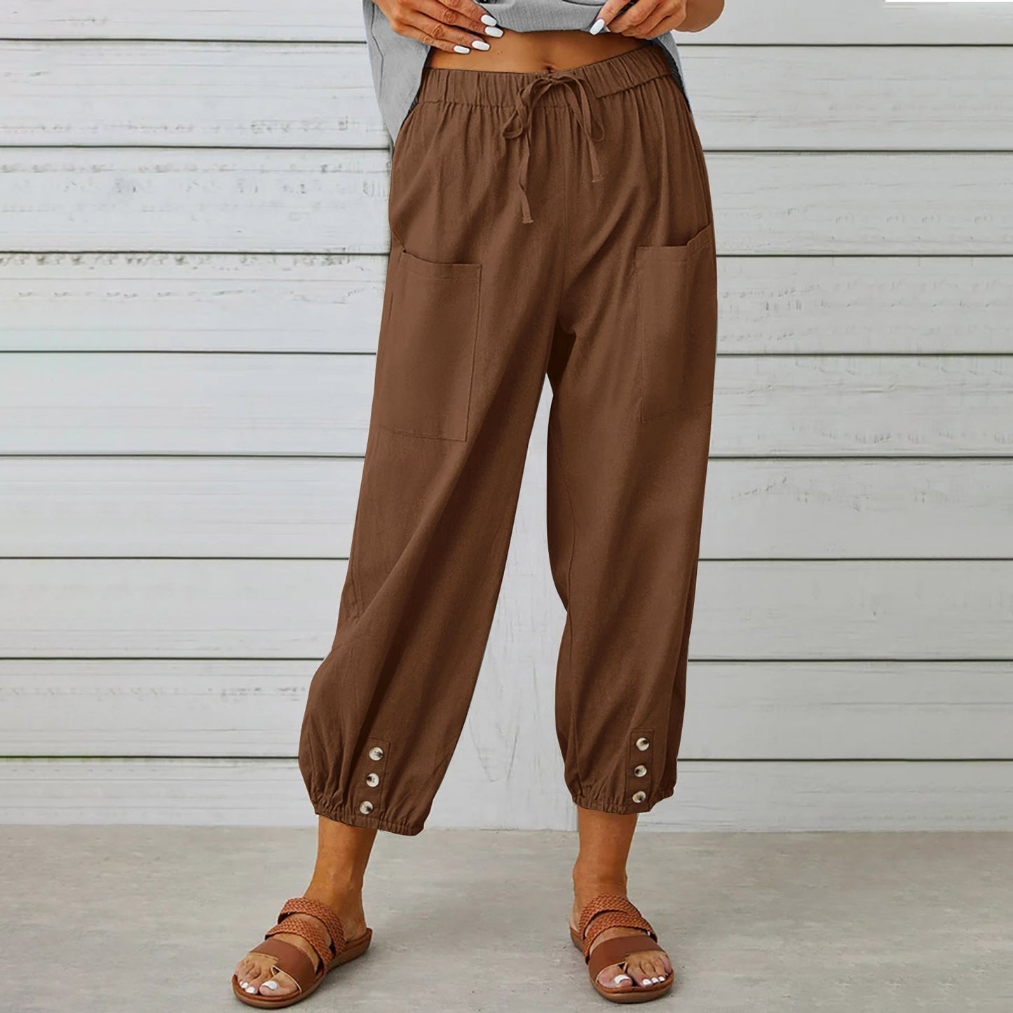 Michelle – Damen Baumwollmischung – Veganes Leinenhose mit Kordelzug und Taschen