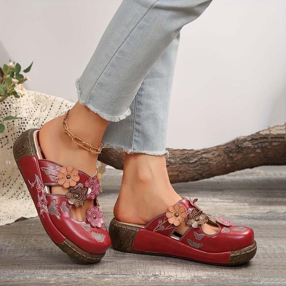 Damen Wedges Mules mit Blumen- und Schmetterlingsdesign – Boho Komfortschuhe