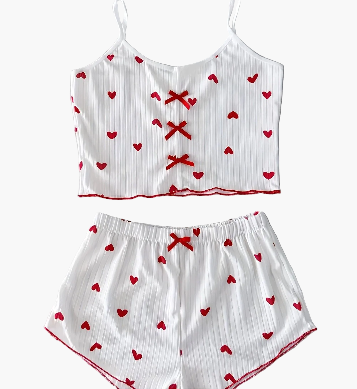 Damen Pyjama Set mit Herzchen-Muster und Schleifen – Zweiteiliger Schlafanzug, bequem & süß, ideal für Sommer