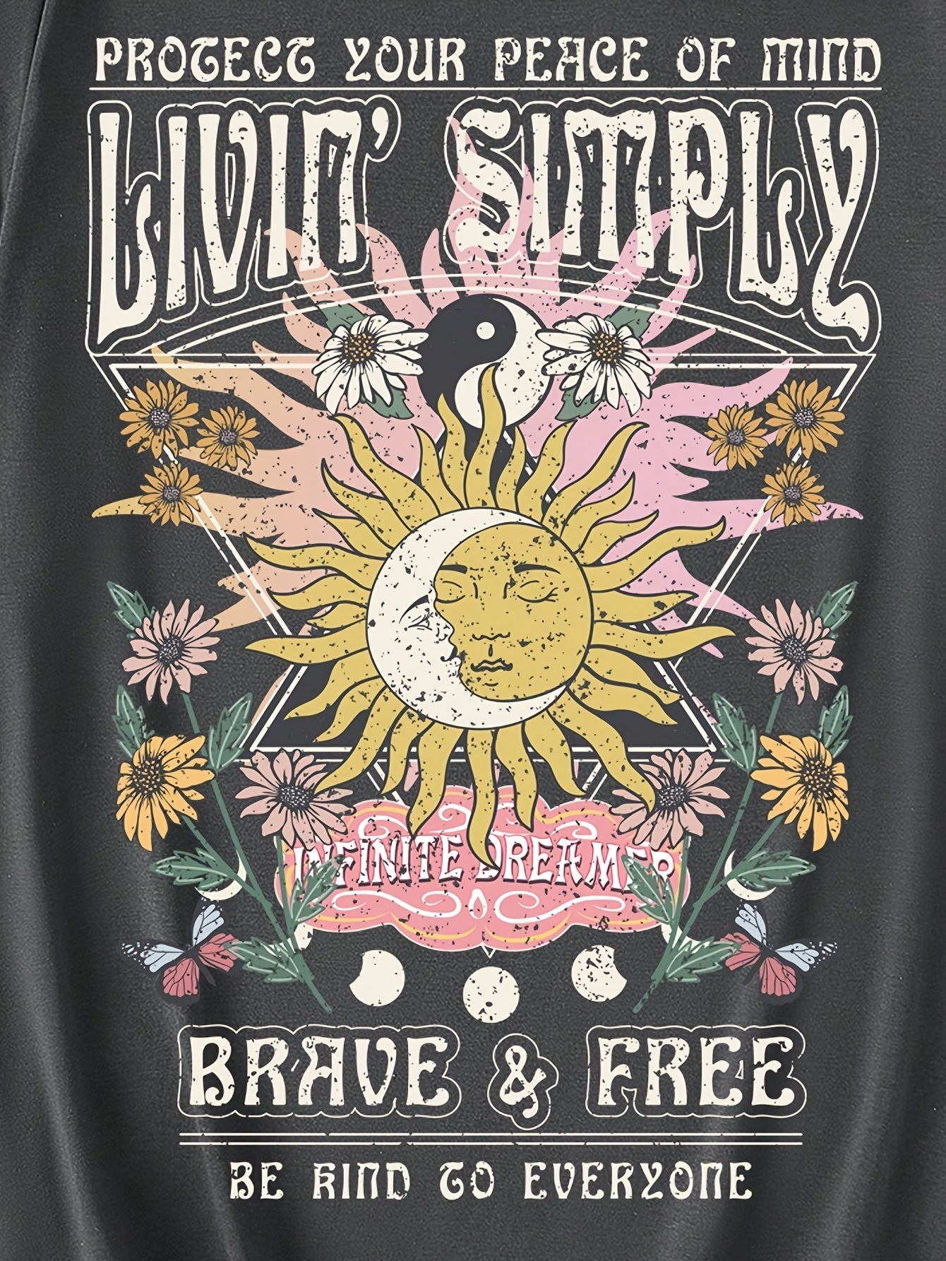Damen T-Shirt im Boho-Stil mit Sonnendruck und inspirierendem Spruch – Ideal für Freizeit, Festivals & Alltag