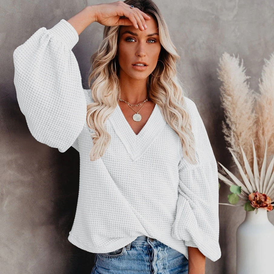Lauren – Weites V-Ausschnitt T-Shirt mit Laternenärmeln