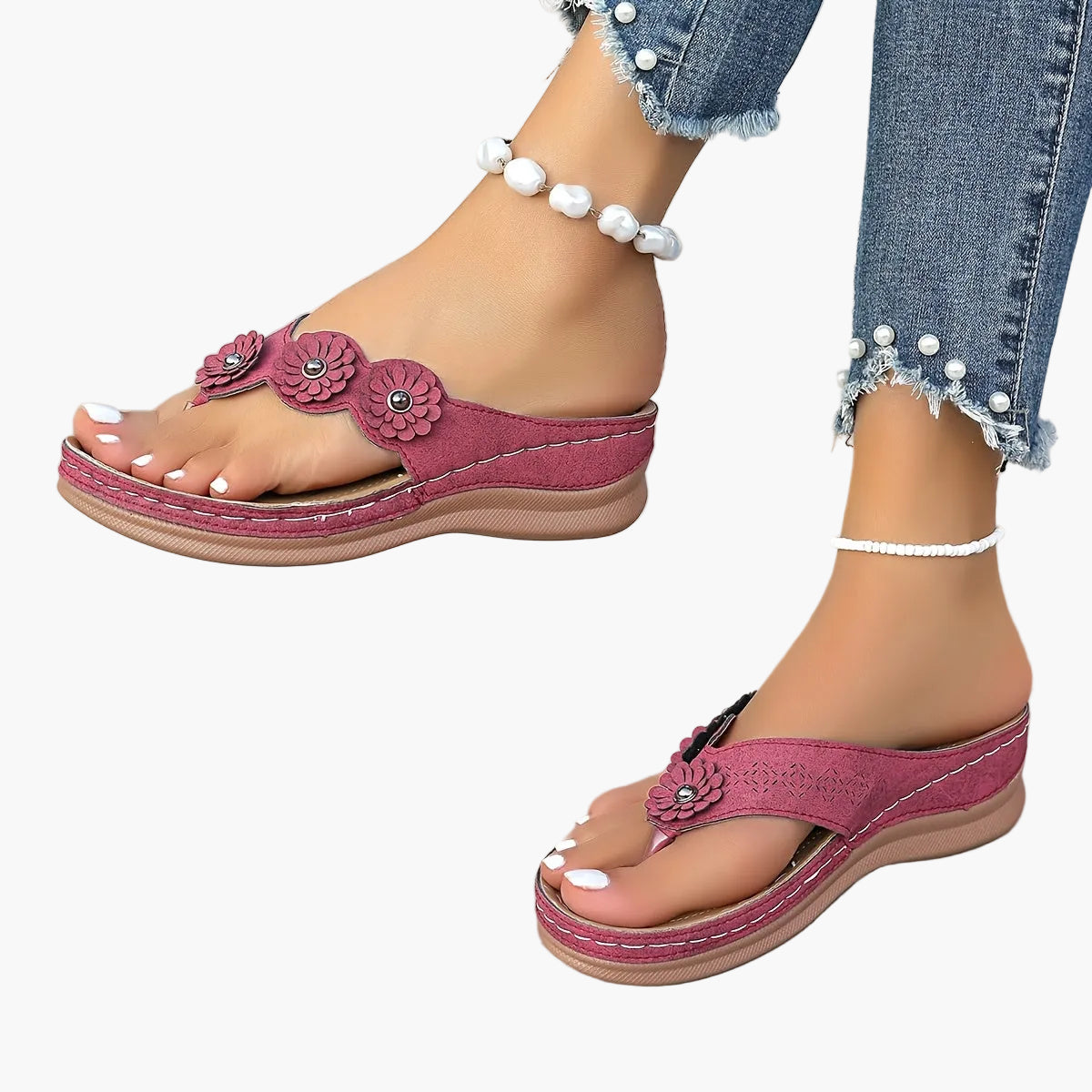 Damen Casual Zehentrenner Sandalen mit Keilabsatz und Blumenapplikation – Bequeme Sommerschuhe für Freizeit