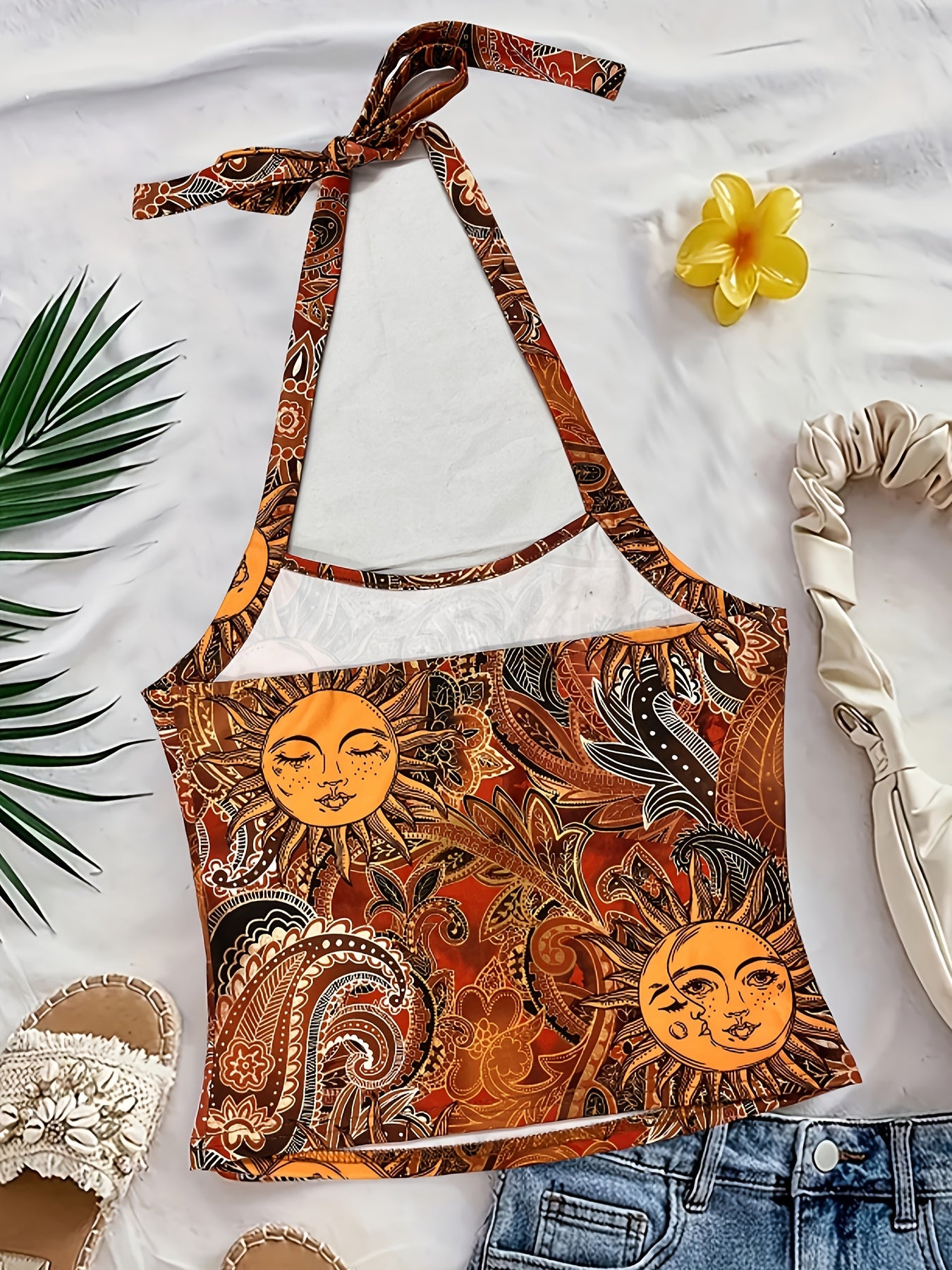Damen Vintage Halterneck Top mit Sonne-Mond-Muster – Boho Festival Sommer Oberteil