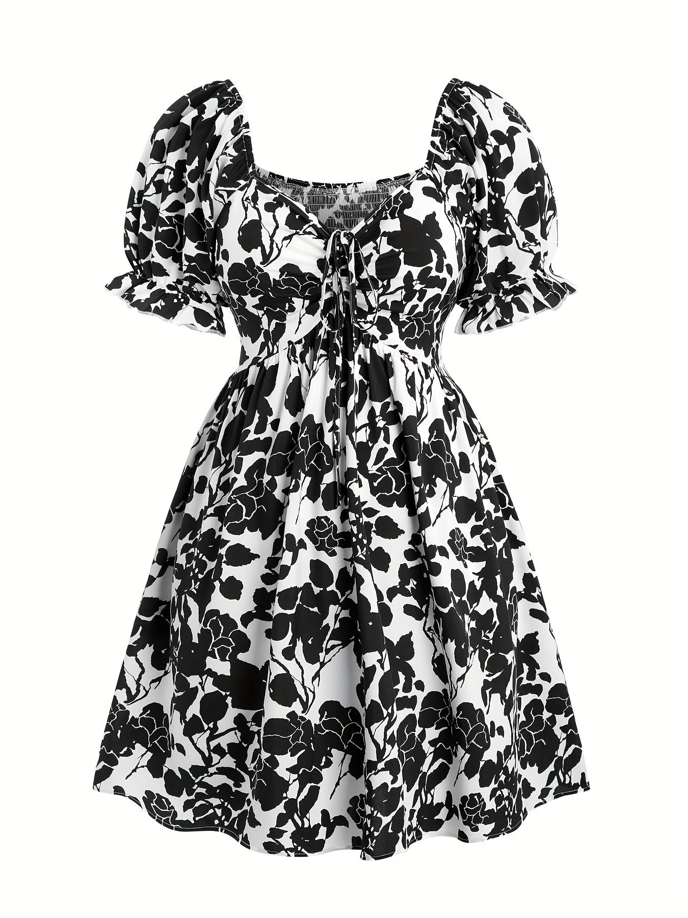 Damen Sommerkleid mit floralen Print und Puffärmeln – Elegantes Fit & Flare Freizeitkleid