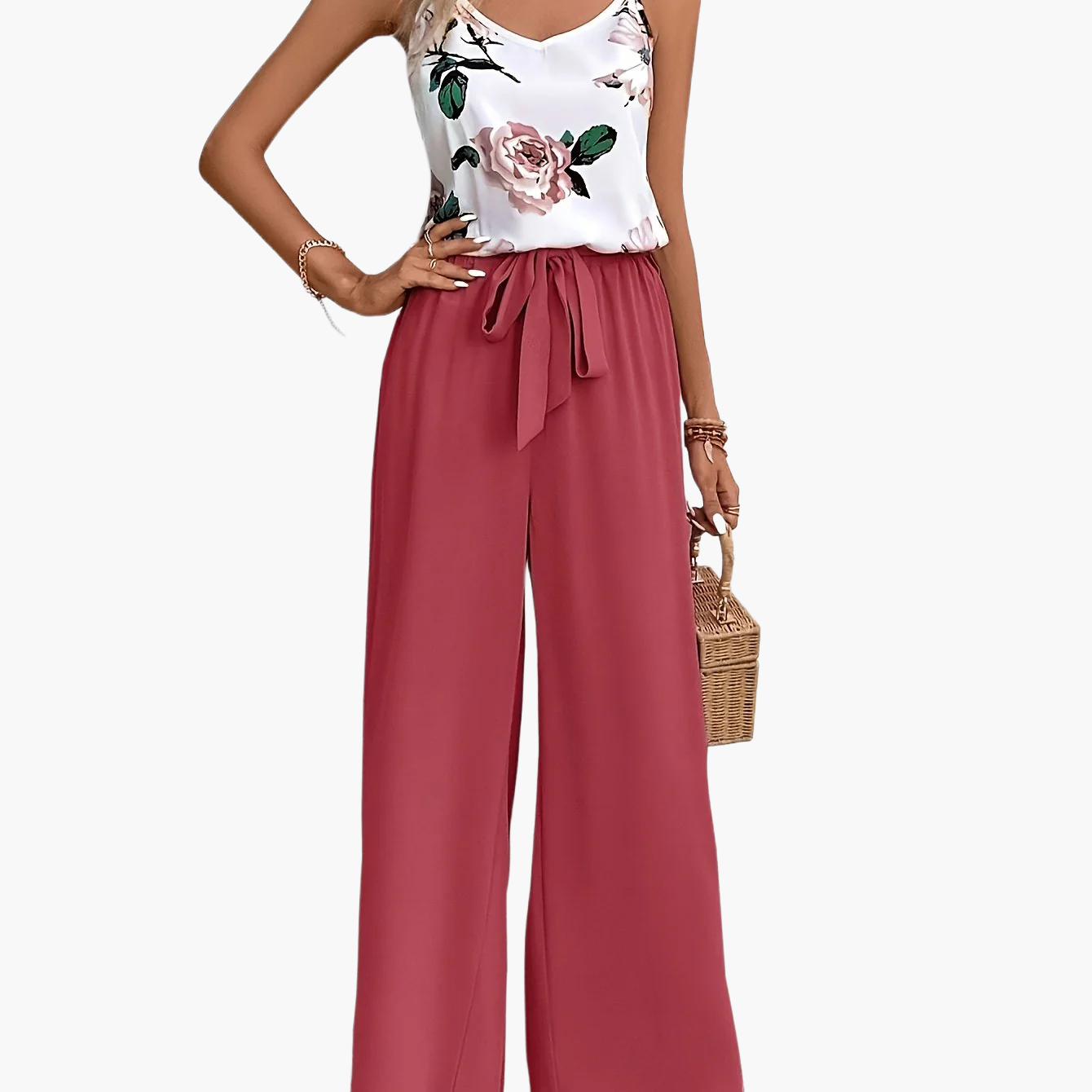 Damen Eleganter Jumpsuit mit Blumendruck und Weitem Bein – Perfekt für Freizeit und Sommer