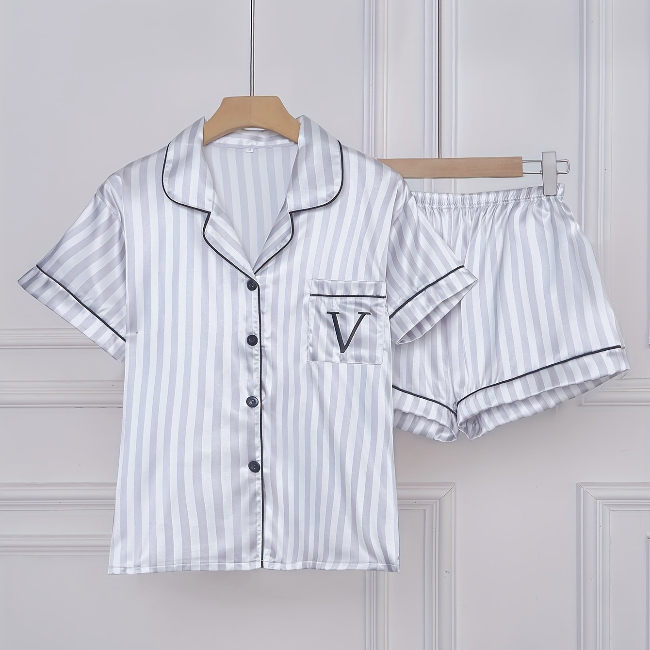 Damen Satin Pyjama Set mit Streifen, Kurzarm, Klassischer Schlafanzug für Frühling und Sommer