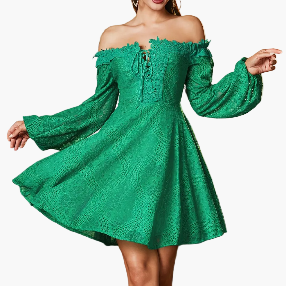 Damen Off-Shoulder Spitzenkleid Elegant Ausgeh-Look Festlich