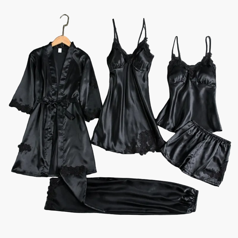 Damen Luxus Nachtwäsche Set – 5-teiliges Satin Schlafanzug Set mit Kimono, Nachthemd, Top, Shorts und Hose – Eleganter Stil für Zuhause und besondere Anlässe