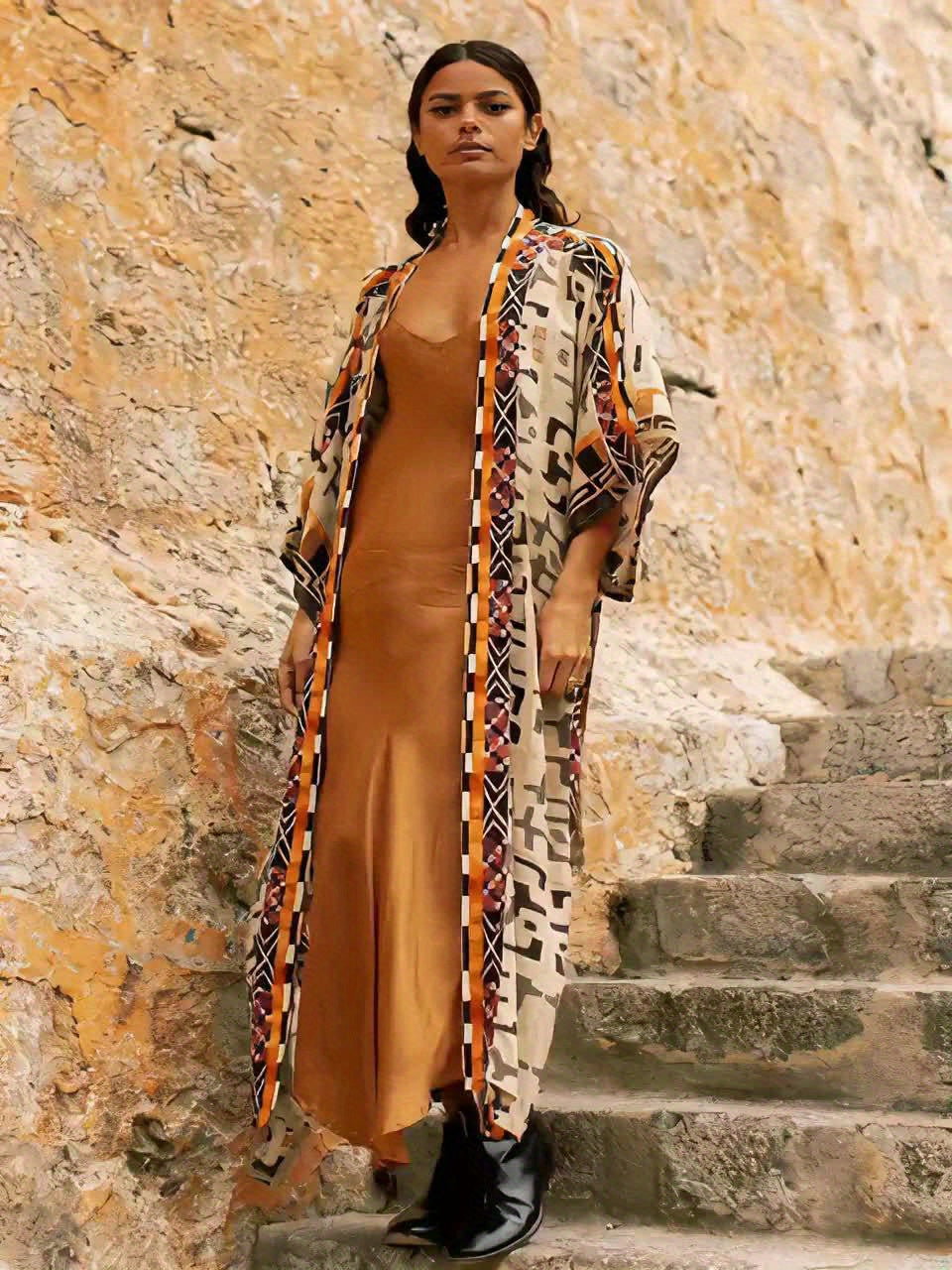 Damen Boho Kimono Lang mit Ethno-Muster – Eleganter Langer Morgenmantel für Strand & Freizeit