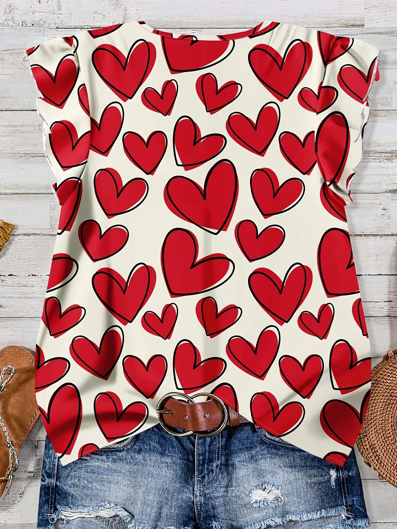 Damen Sommerbluse mit Herzmuster, Casual V-Ausschnitt, Knopfleiste, Ideal für Freizeit und Alltag
