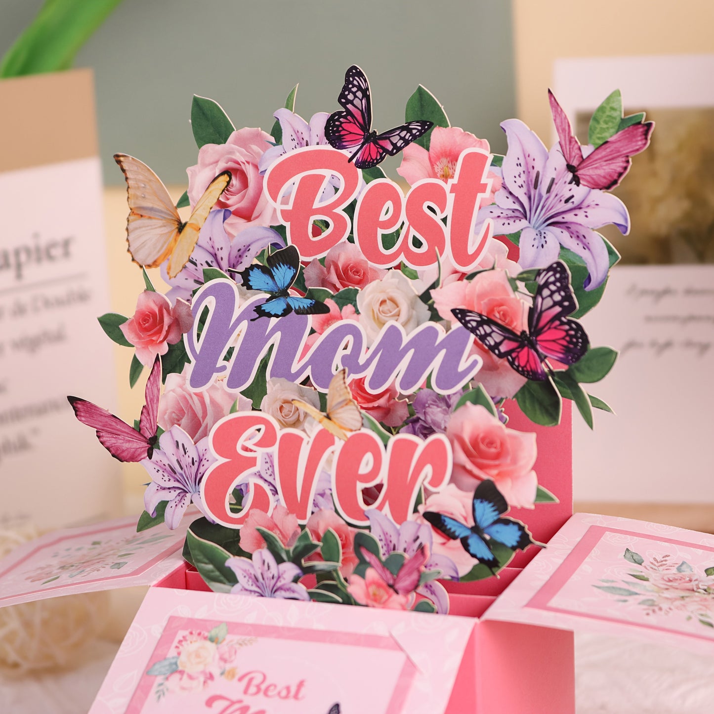 Pop-up Grußkarte zum Muttertag – Best Mom Ever – 3D Blumenstrauß Dekor für Frauen