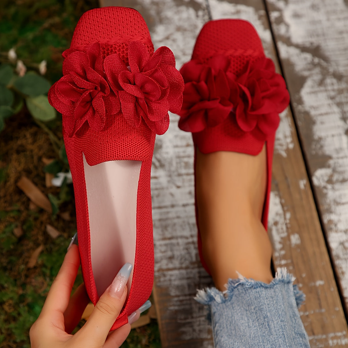 Damen Ballerinas mit Blumendekor und bequemem Schlupf-Design – Modische Freizeitschuhe