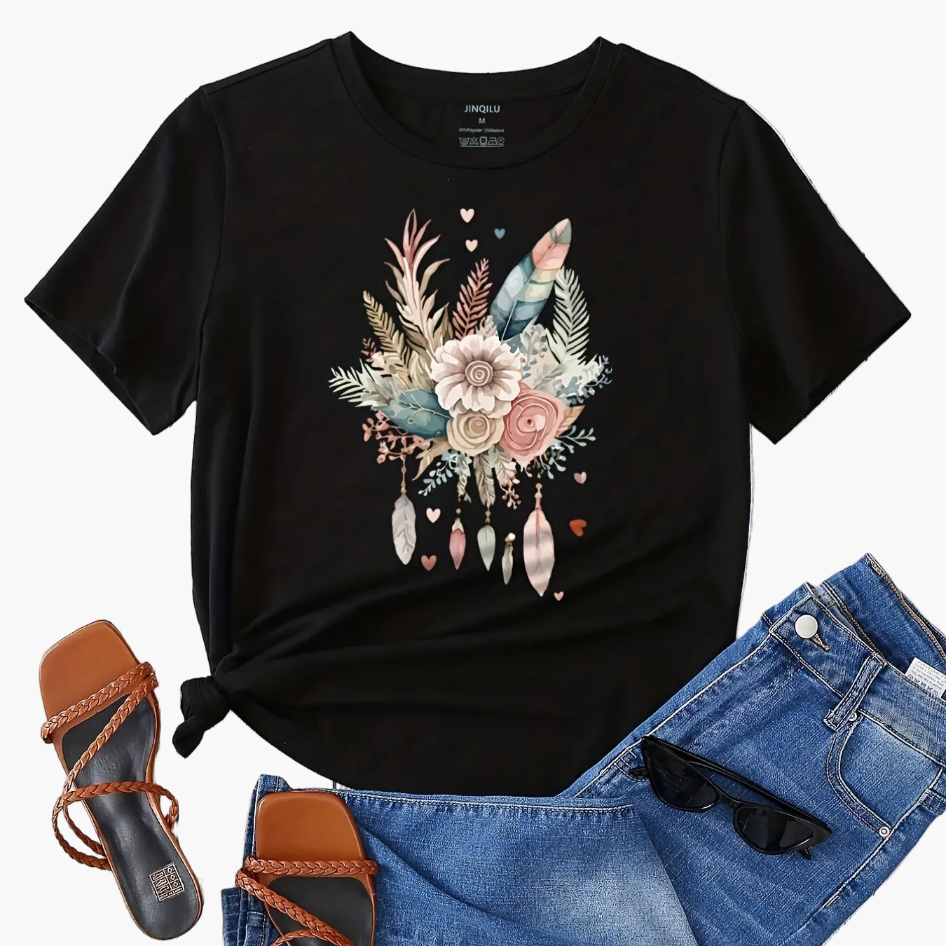 Damen T-Shirt mit Blumen- und Federprint, Casual Style, Ideal für Sommer und Freizeit