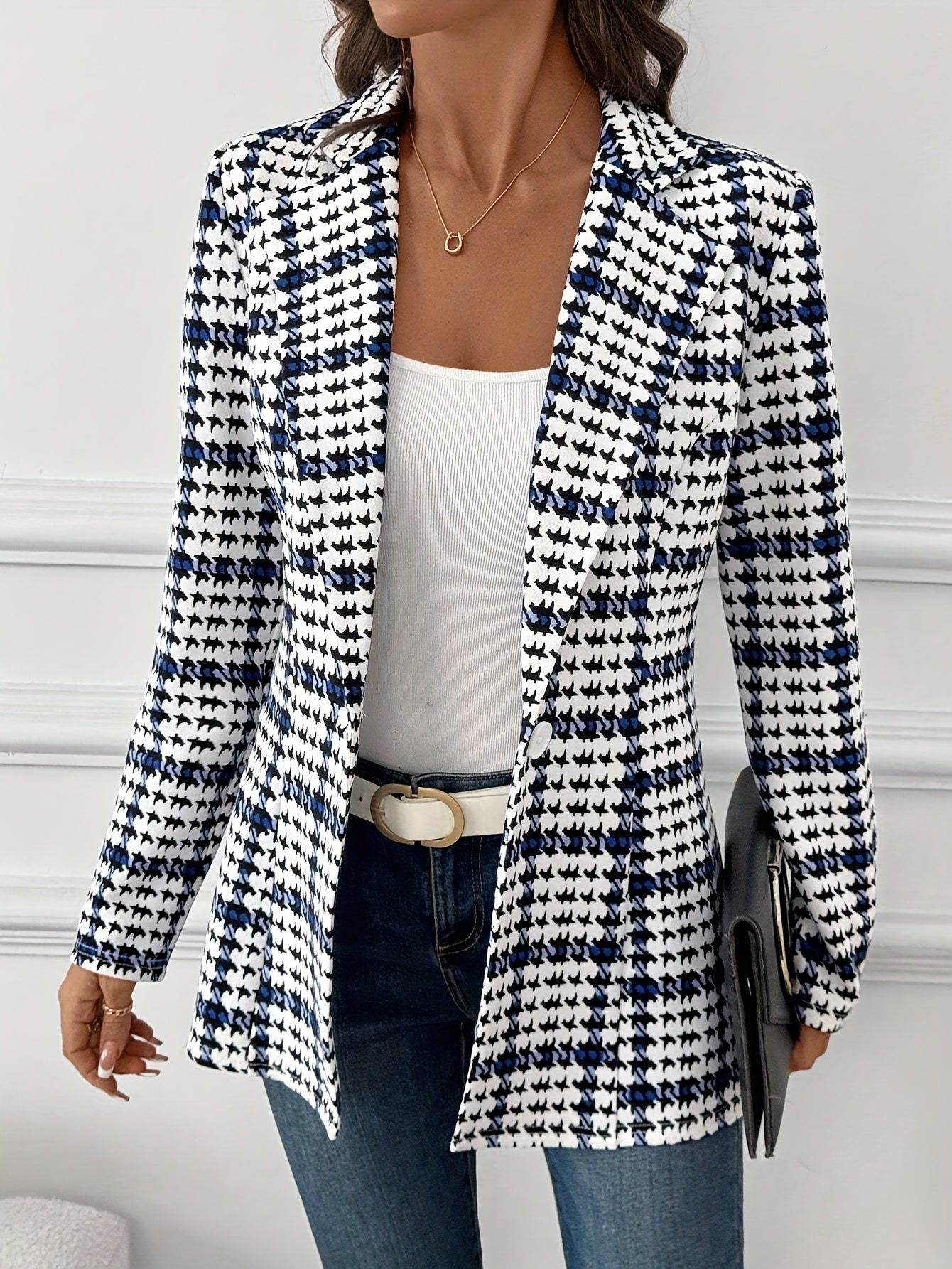 Damen Eleganter Hahnentritt Blazer für Büro und Freizeit