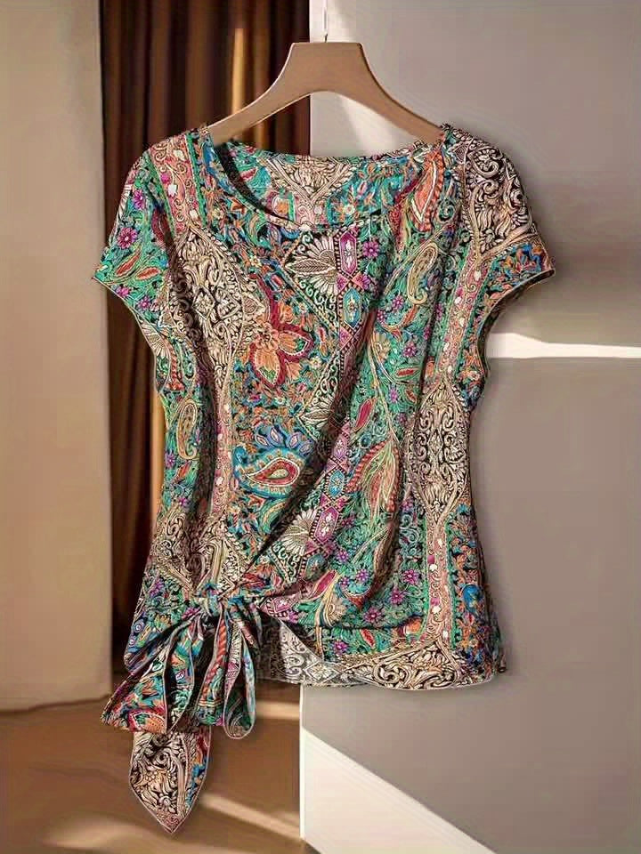 Damen Boho-Bluse mit Paisley-Muster und asymmetrischem Knoten – Elegantes Sommer-T-Shirt für Freizeit und Büro