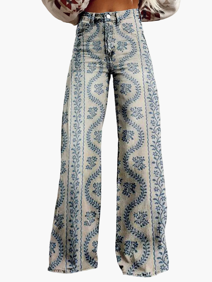 Damen Weite Baggy Jeans mit Blumenmuster – Trendige Freizeithose im Boho-Stil