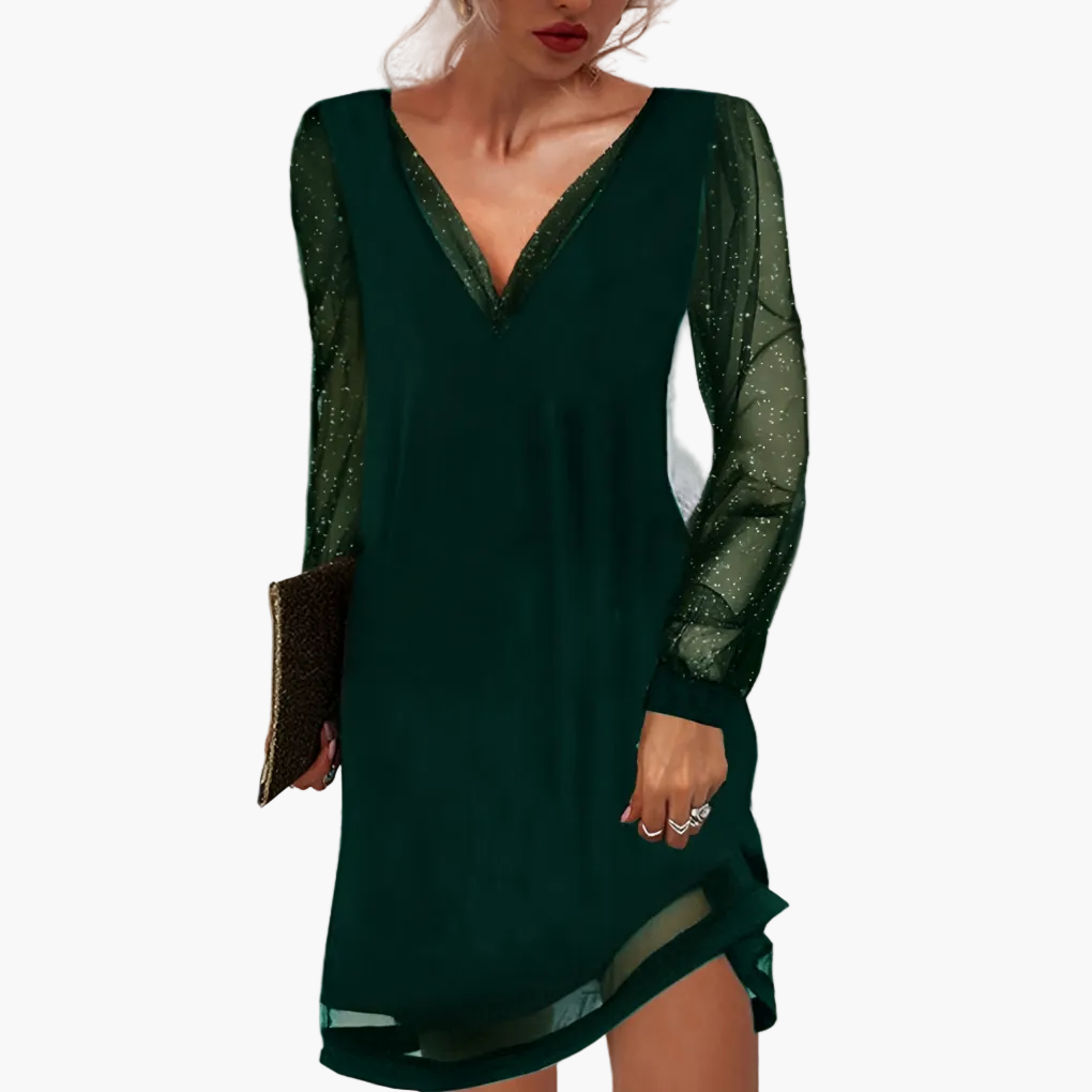Damen Partykleid mit Glitzer-Tüllärmeln und V-Ausschnitt – Elegantes Abendkleid für festliche Anlässe