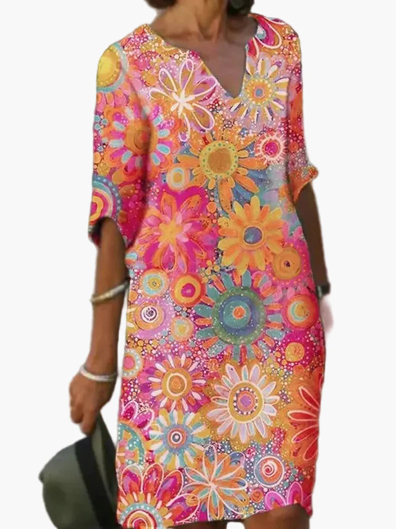Damen Sommerkleid mit V-Ausschnitt und geblümtem Retro-Print – Lässiges Blumenkleid für Alltag & Freizeit