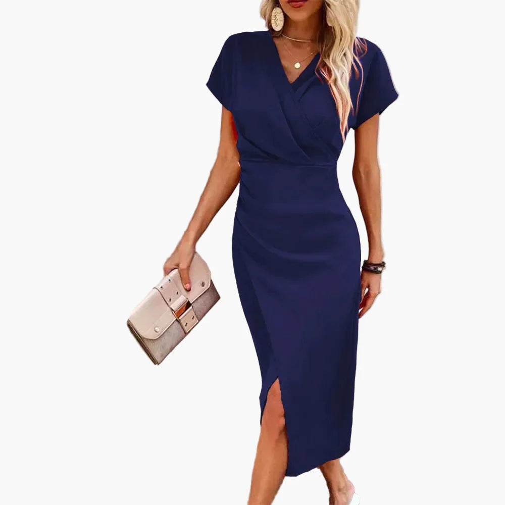 Damen Midikleid mit V-Ausschnitt – Elegantes Freizeitkleid im Wickelstil, Perfekt für Alltag & Events