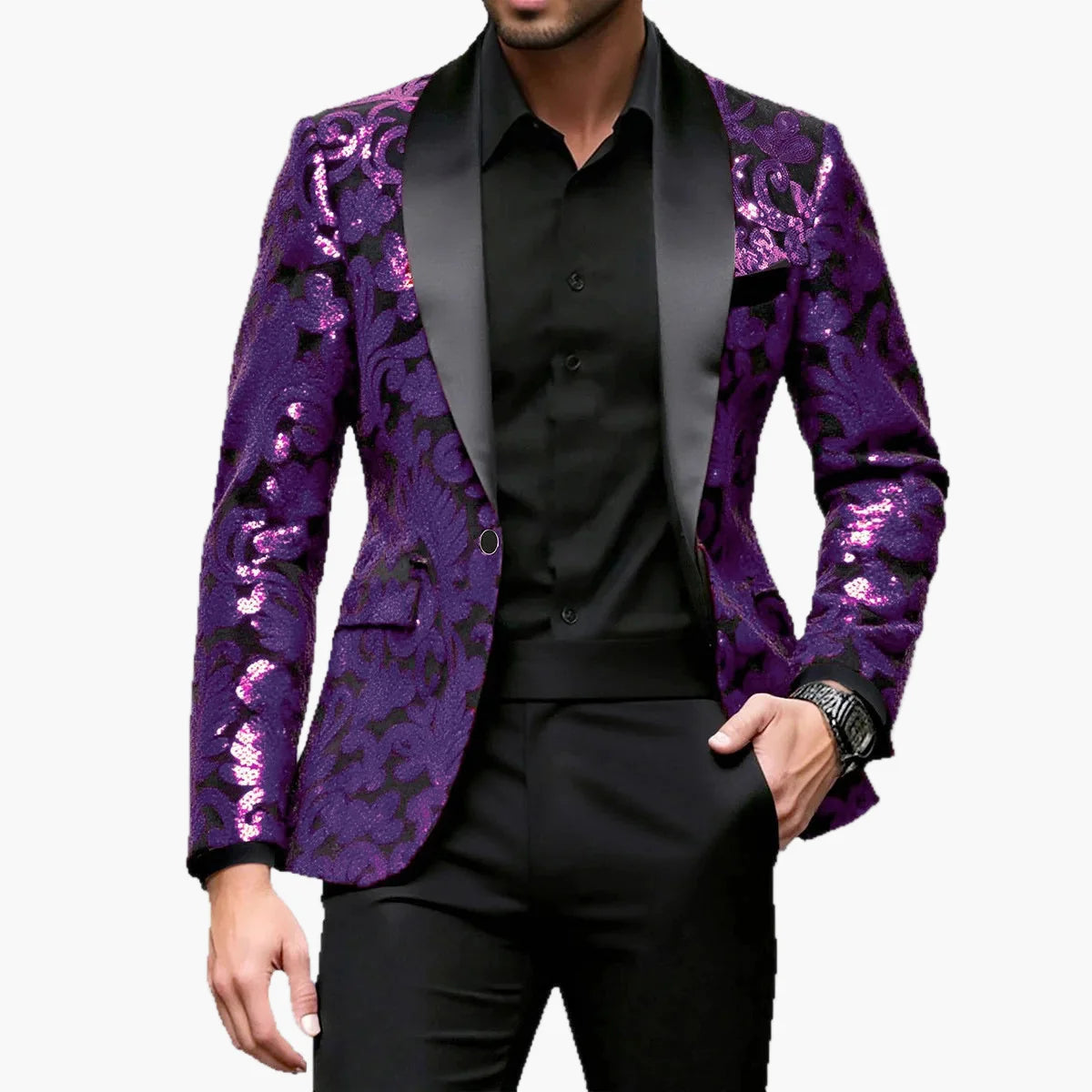 Herren Smoking Sakko – Elegantes Party-Jackett mit Glanz und floralen Ornamenten – Perfekt für festliche Anlässe, Bühne oder Gala