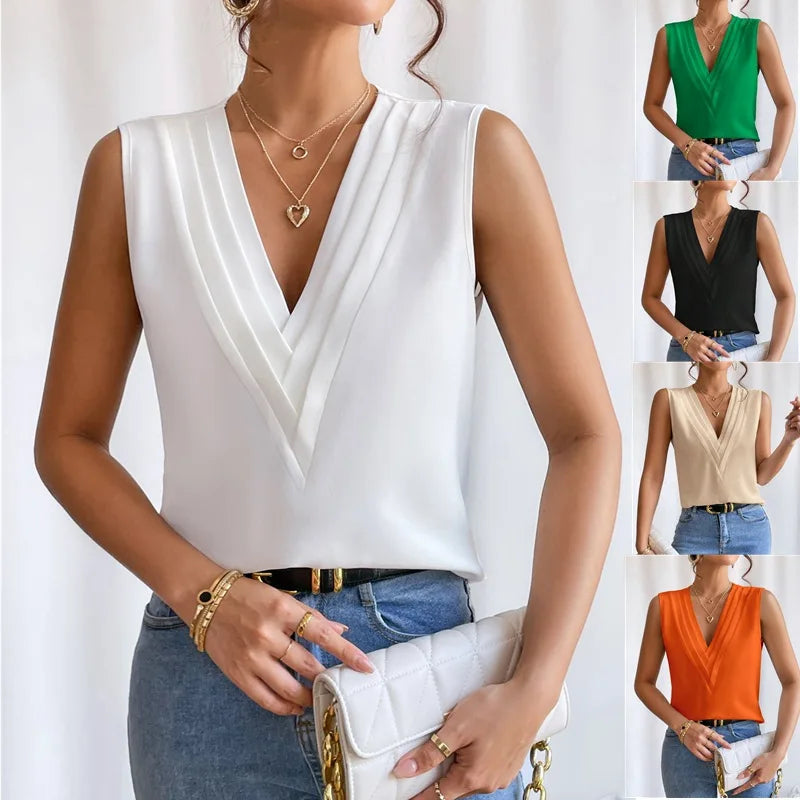 Damen Elegante Ärmellose Bluse mit Modernem V-Ausschnitt – Stilvoll für Büro und Freizeit