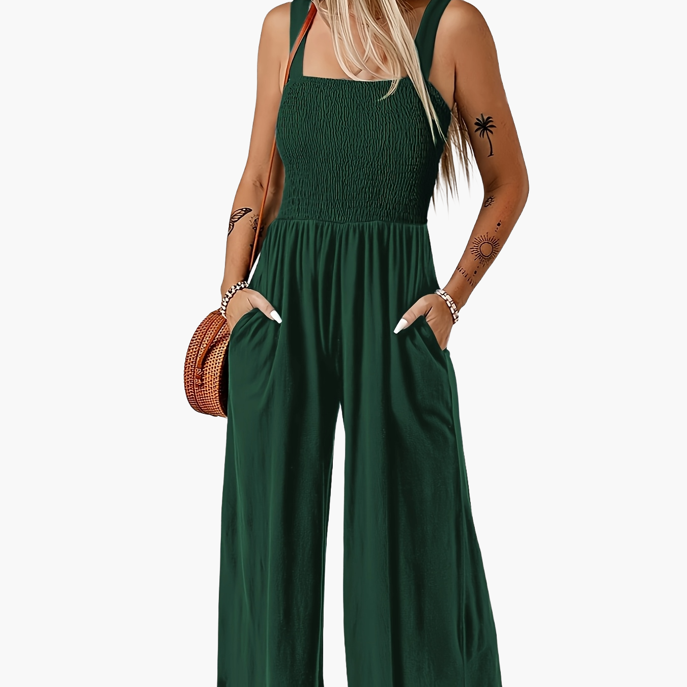 Damen Jumpsuit Elegant mit weitem Bein und Smok-Top, Sommer Overall für Freizeit & Urlaub