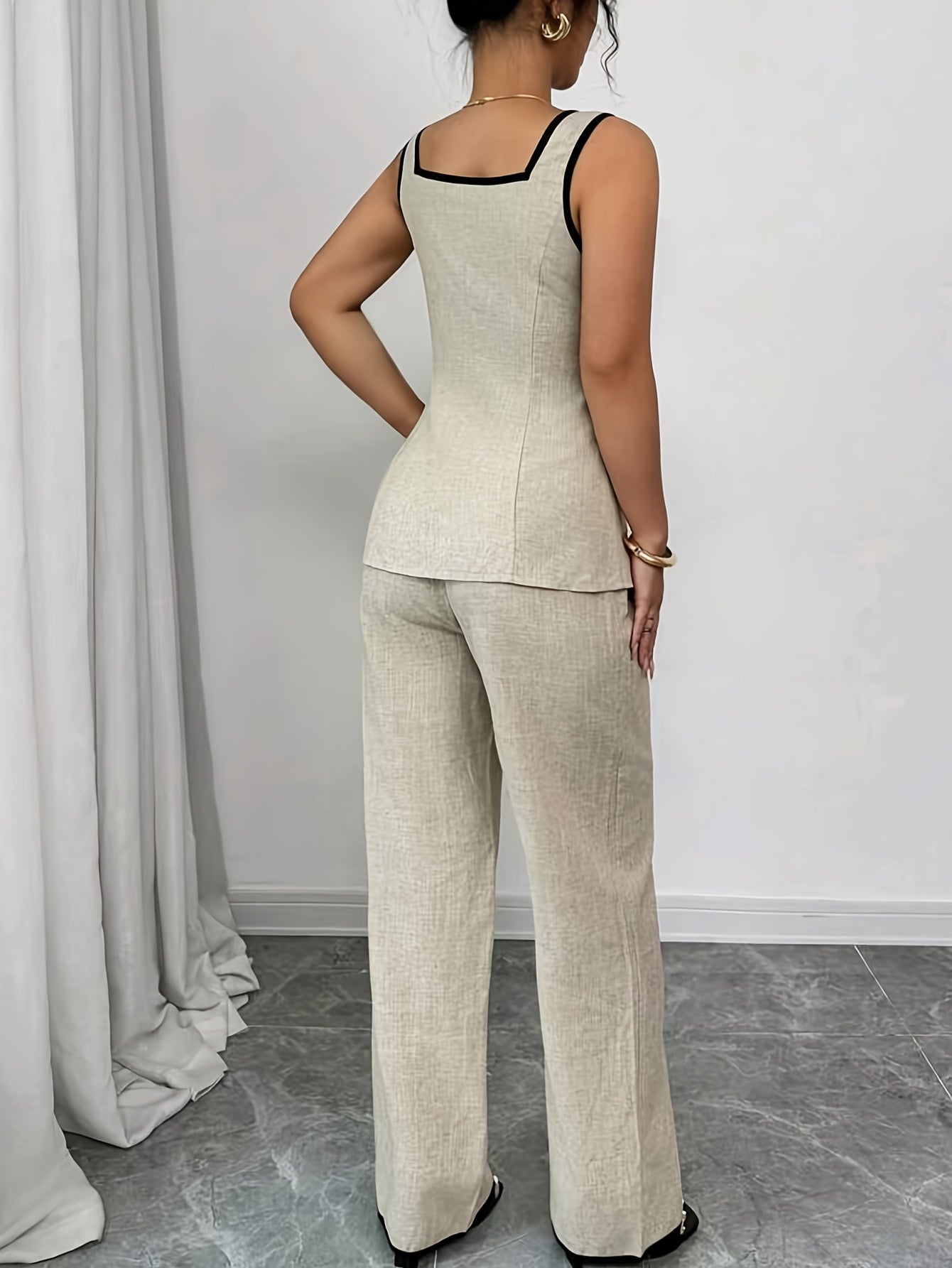 Damen Eleganter Business Zweiteiler Anzug mit Knopfleiste – Blusentop und Weite Hose für Büro & Alltag