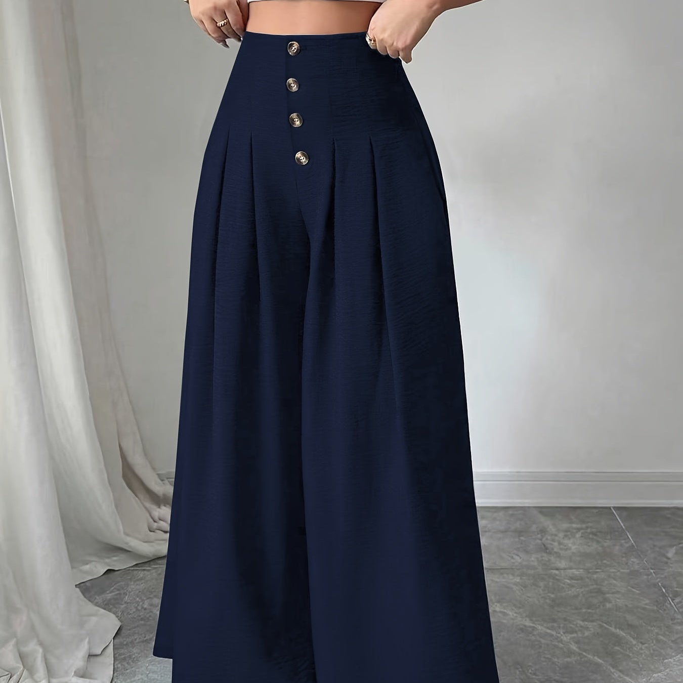 Damen Weite High-Waist-Hose mit Knopfdetails und Eleganten Falten – Modische Business & Freizeit Wide Leg Pants