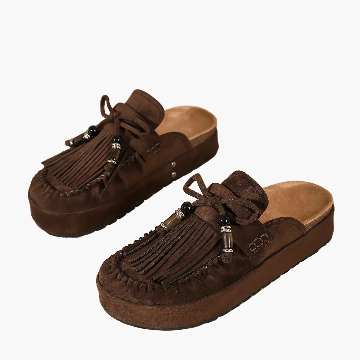 Damen Mokassin Hausschuhe mit Fransen und Perlen – Bequeme Vintage Slipper für Alltag und Freizeit