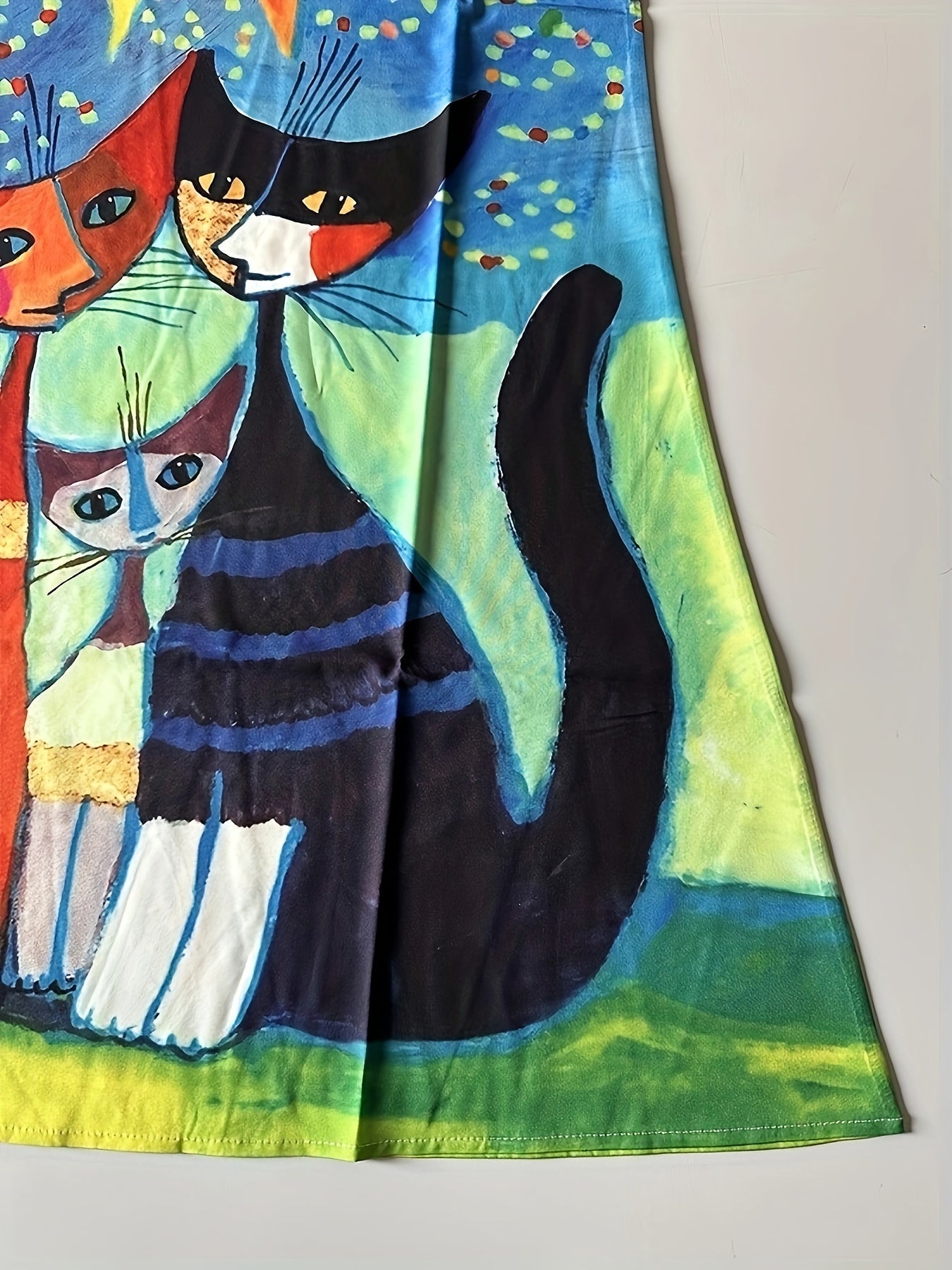 Damen Kleid mit Katzen und Sonne – Künstlerisches Vintage Freizeitkleid, ärmellos, locker, für Frühling und Sommer