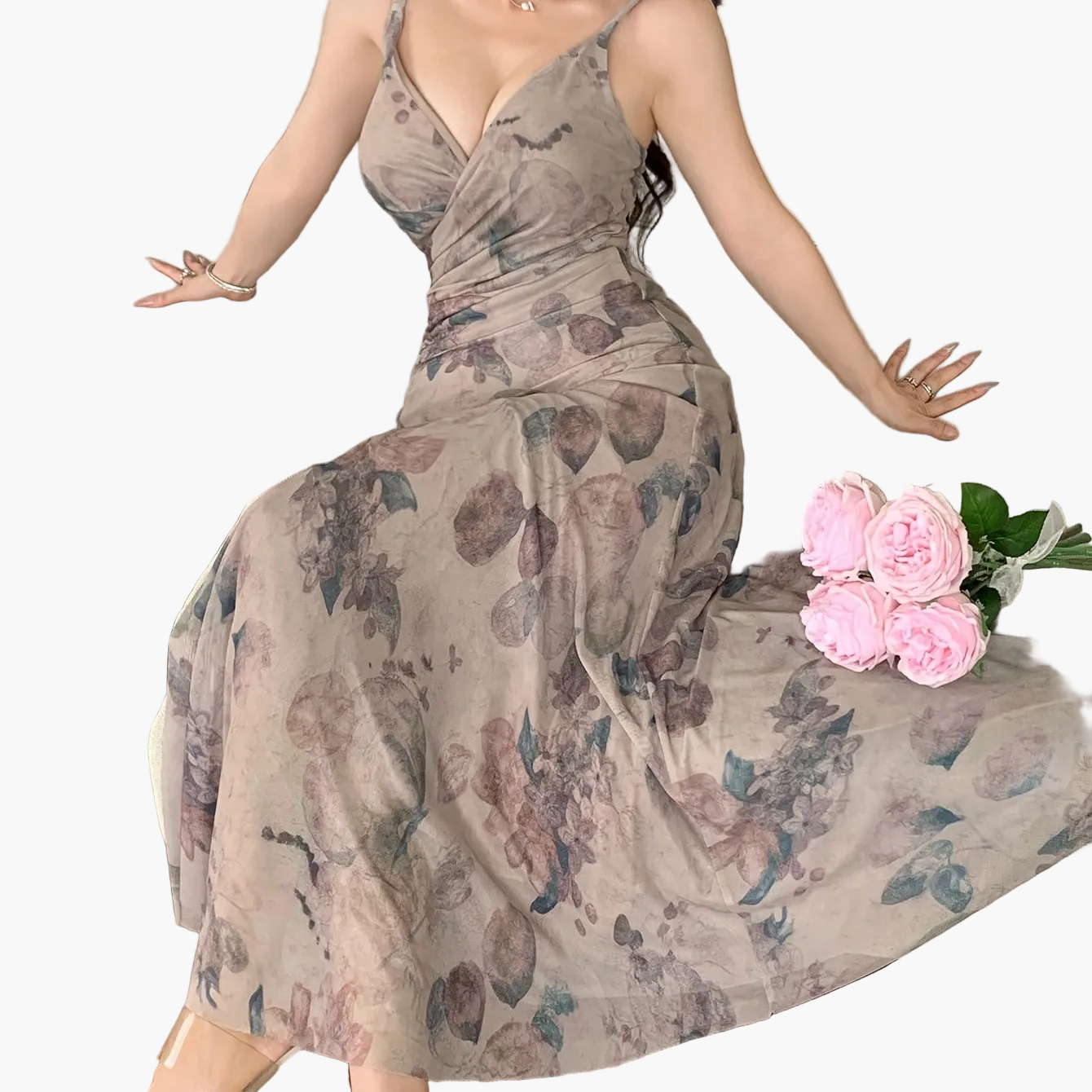 Damen Elegantes Maxikleid mit Wickeloptik und Blumenmuster – Perfekt für besondere Anlässe