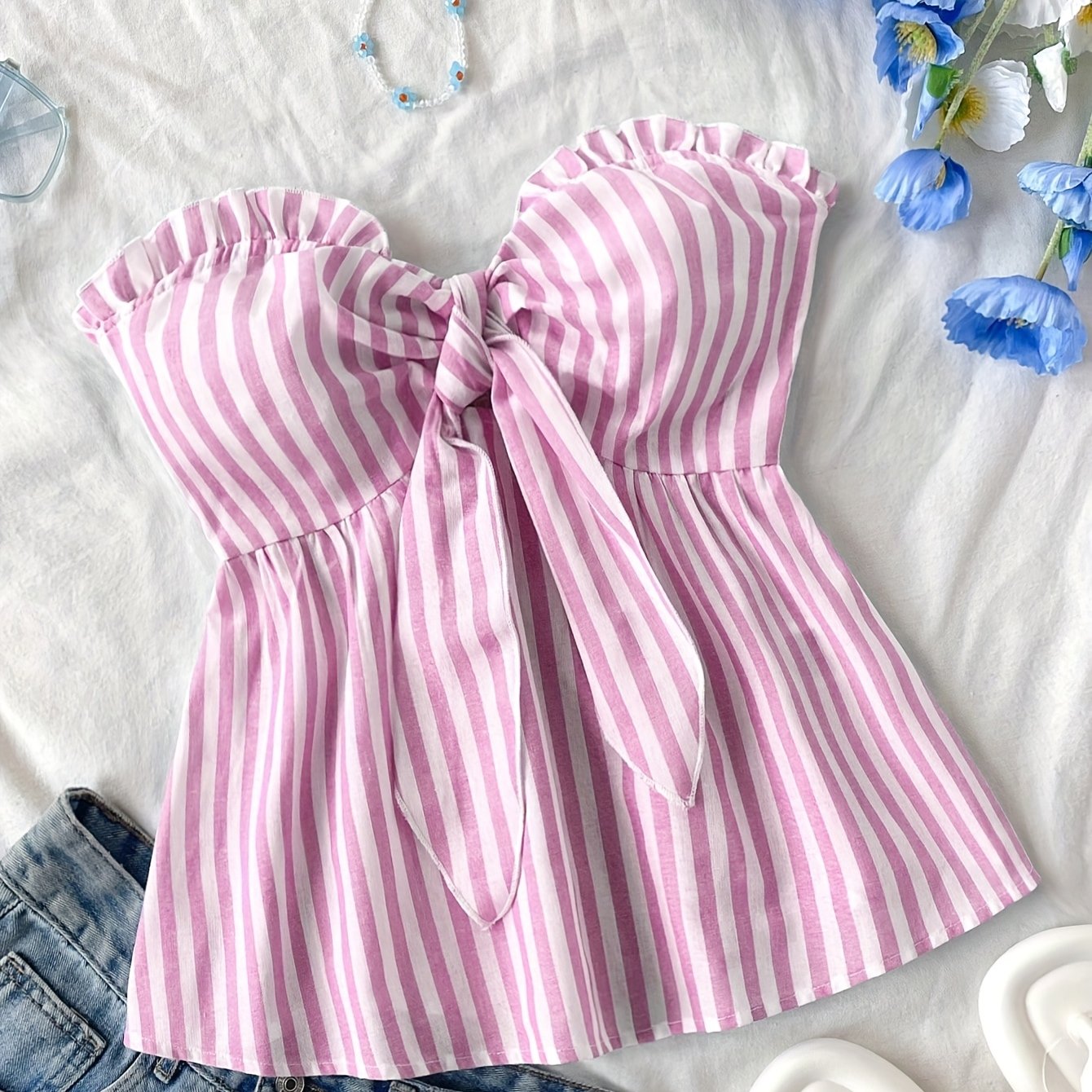 Damen Bandeau-Top mit Schleifen-Detail und Streifen – Stylisches, schulterfreies Oberteil für Freizeit und Ausgehen