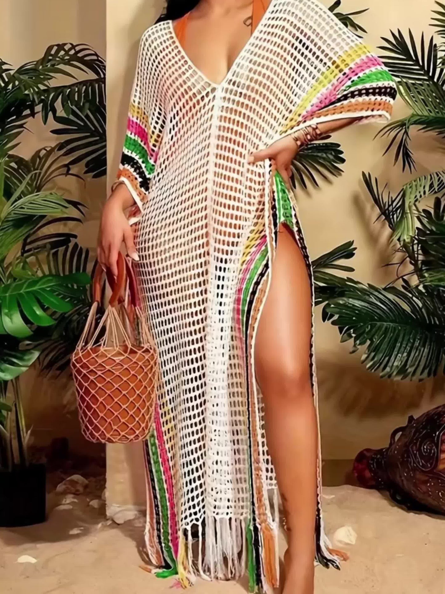 Damen Strand Kaftan Netzkleid Boho Stil Überwurf – Perfekt als Badebekleidung am Strand oder Pool