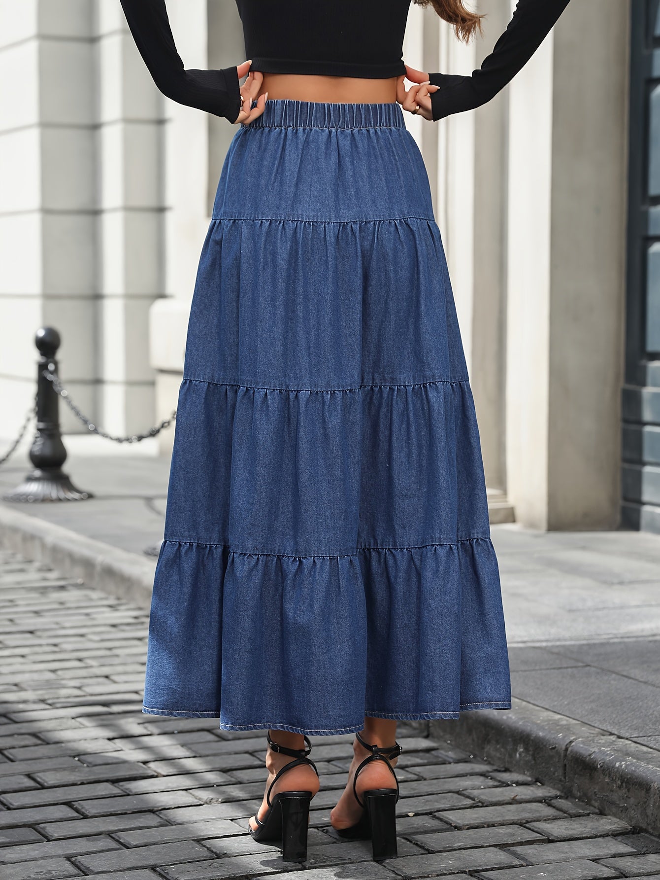 Damen Maxirock Elegant Ausgestellter Jeansrock für Alltag und Freizeit