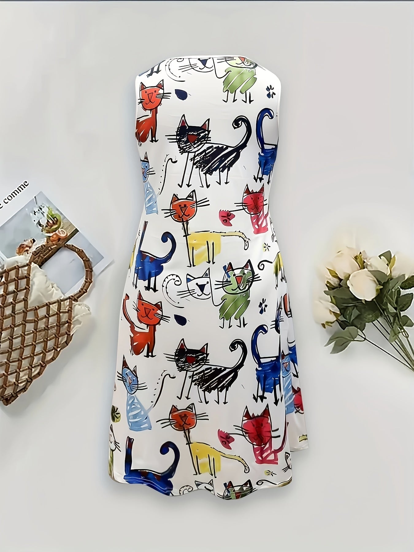 Damen Freizeitkleid mit buntem Katzen-Print – Verspieltes Sommerkleid für Katzenliebhaberinnen