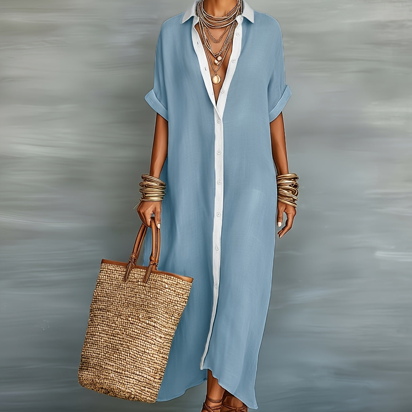 Damen Maxikleid Hemdblusen-Stil Elegant Lässig für Strand und Alltag